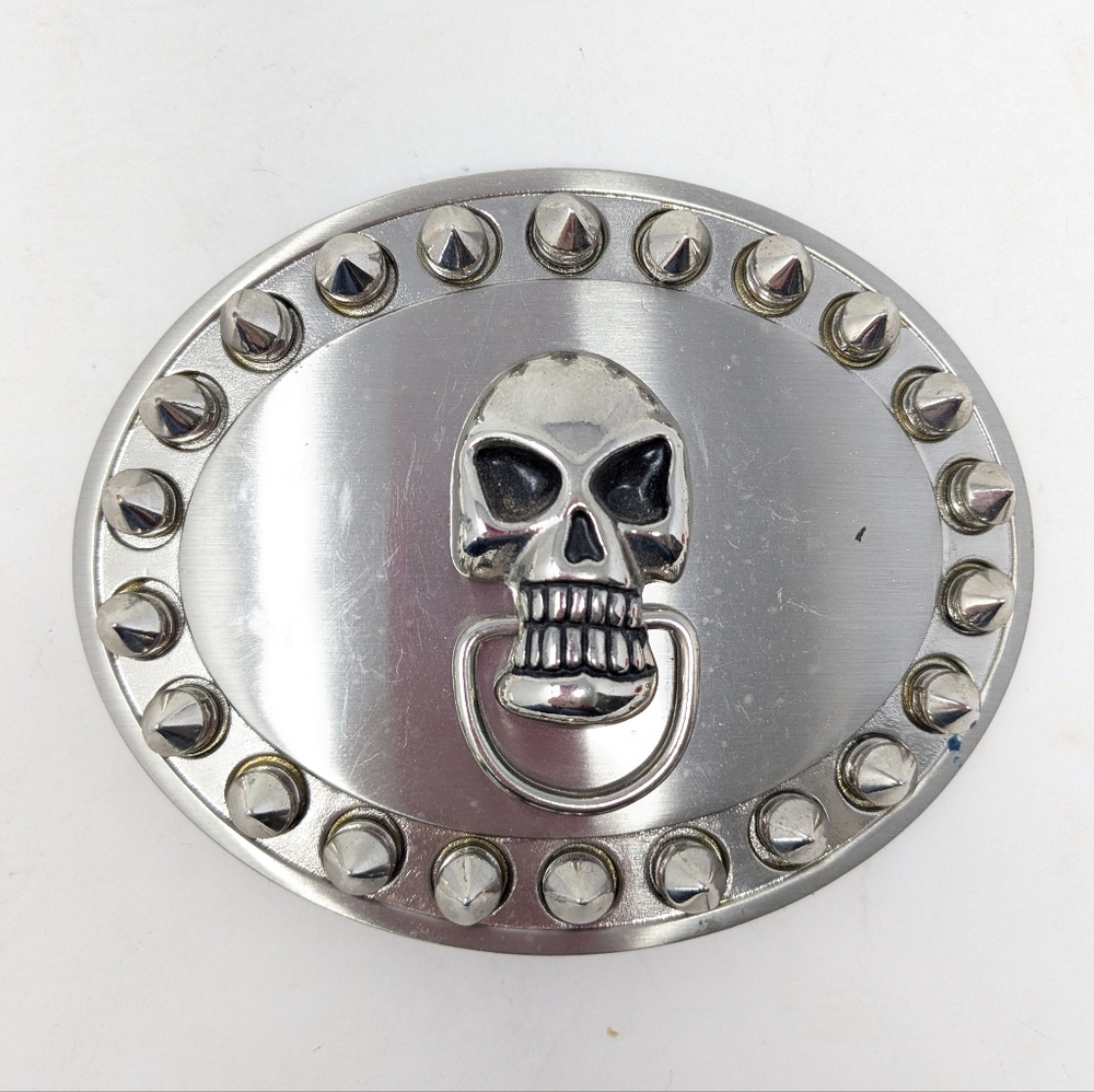 Silver Tone Oval Skull Belt Buckle With Spikes 1.5" Loop, 3.5" x 4" Goth, Biker